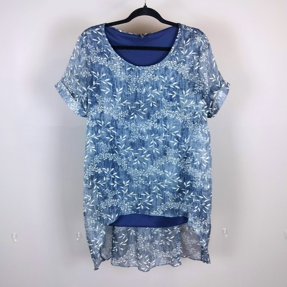 Lavena Tops - Floral Layered High Low Blouse Large Blue Sheer Lavena Short Sleeve Top